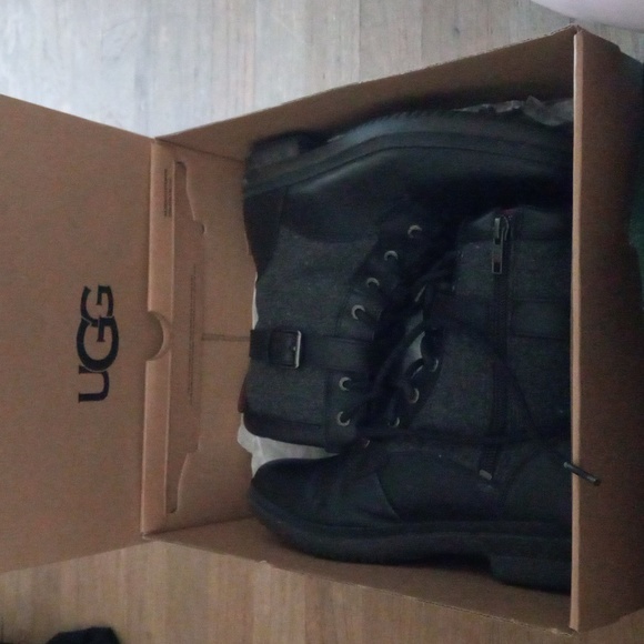 UGG Shoes - UGG Kesey Womens 9 Boots Black Leather Moto Lace Up Combat Belted Shoes in box